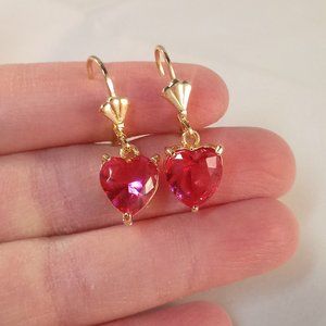 18K Gold Plated Pink Diamond Zircon Crystal Heart Dangle Earrings 3.16ctw Gift